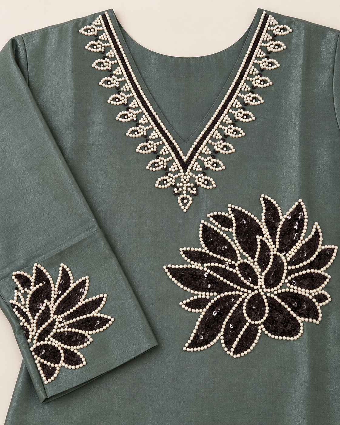 Green fandi silk coord set with pearl work