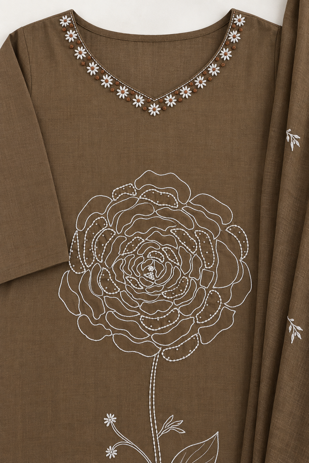 Brown kurta suit set with pearl and thread work