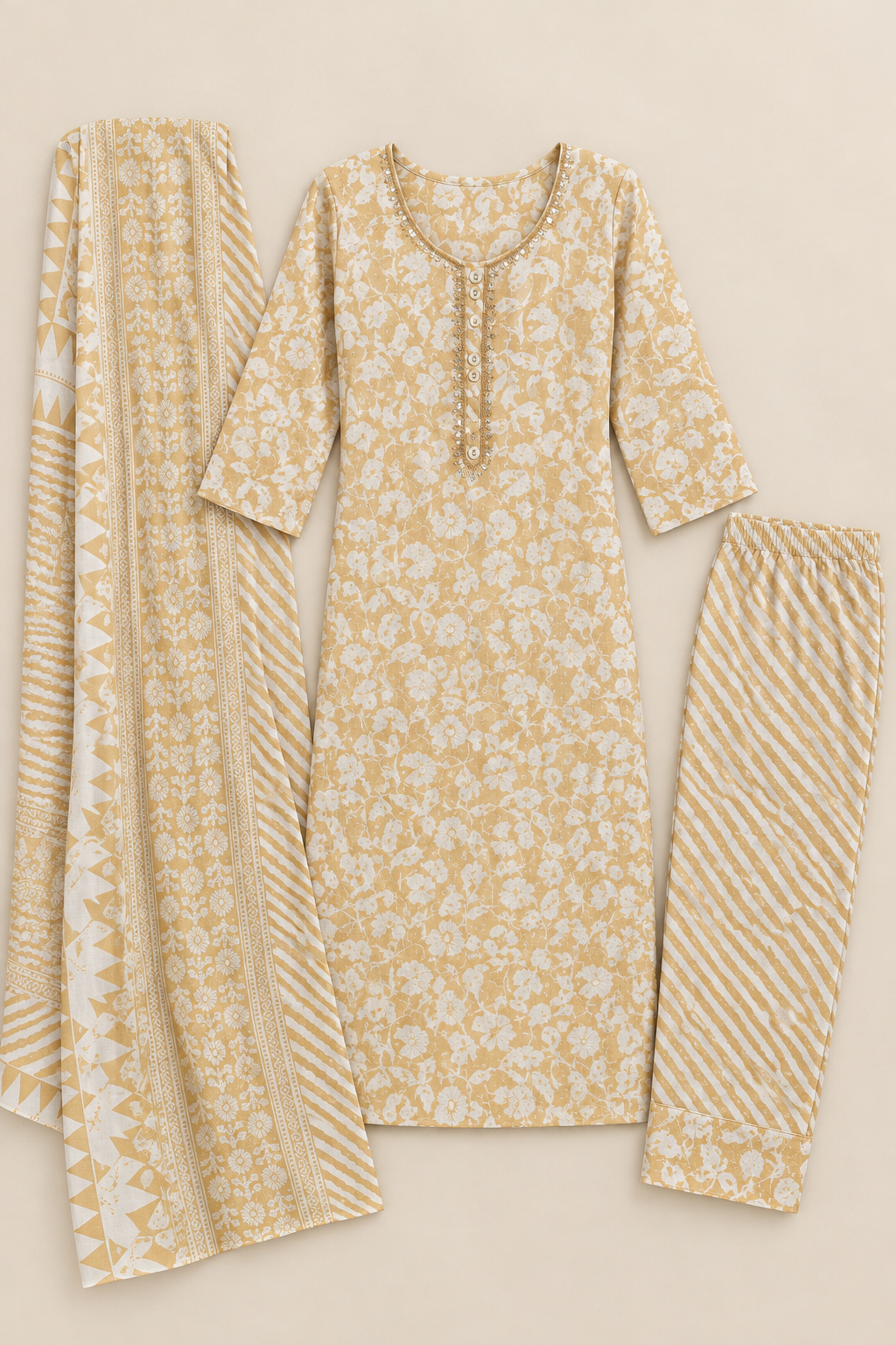 Yellow cotton kurta suit set