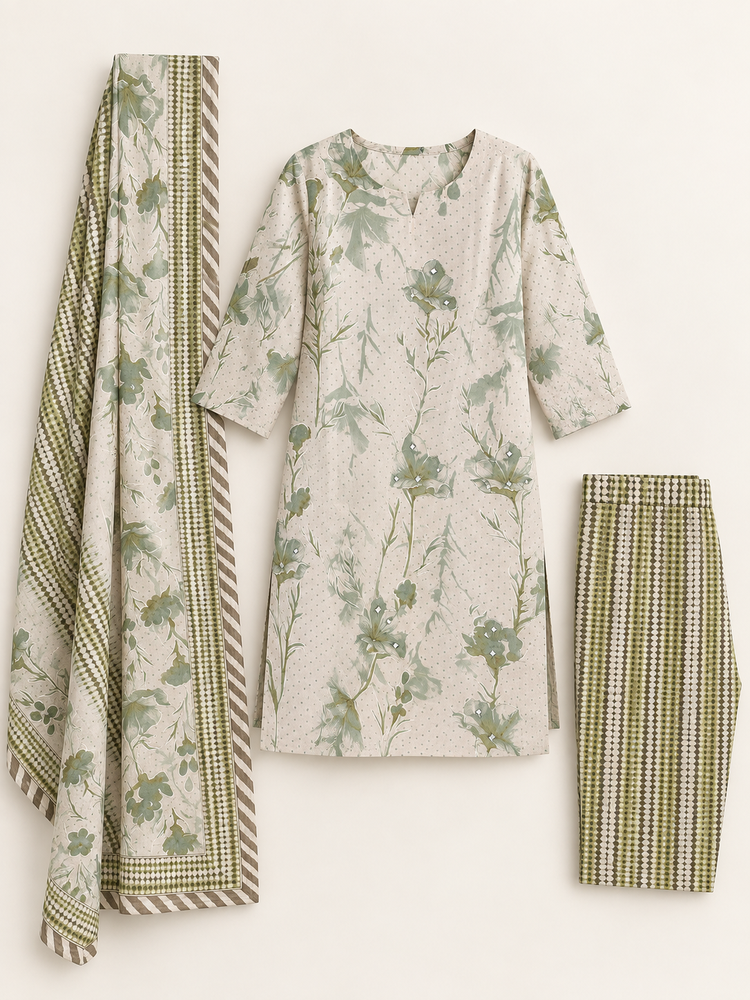 Olive green kurta suit set with mirror work