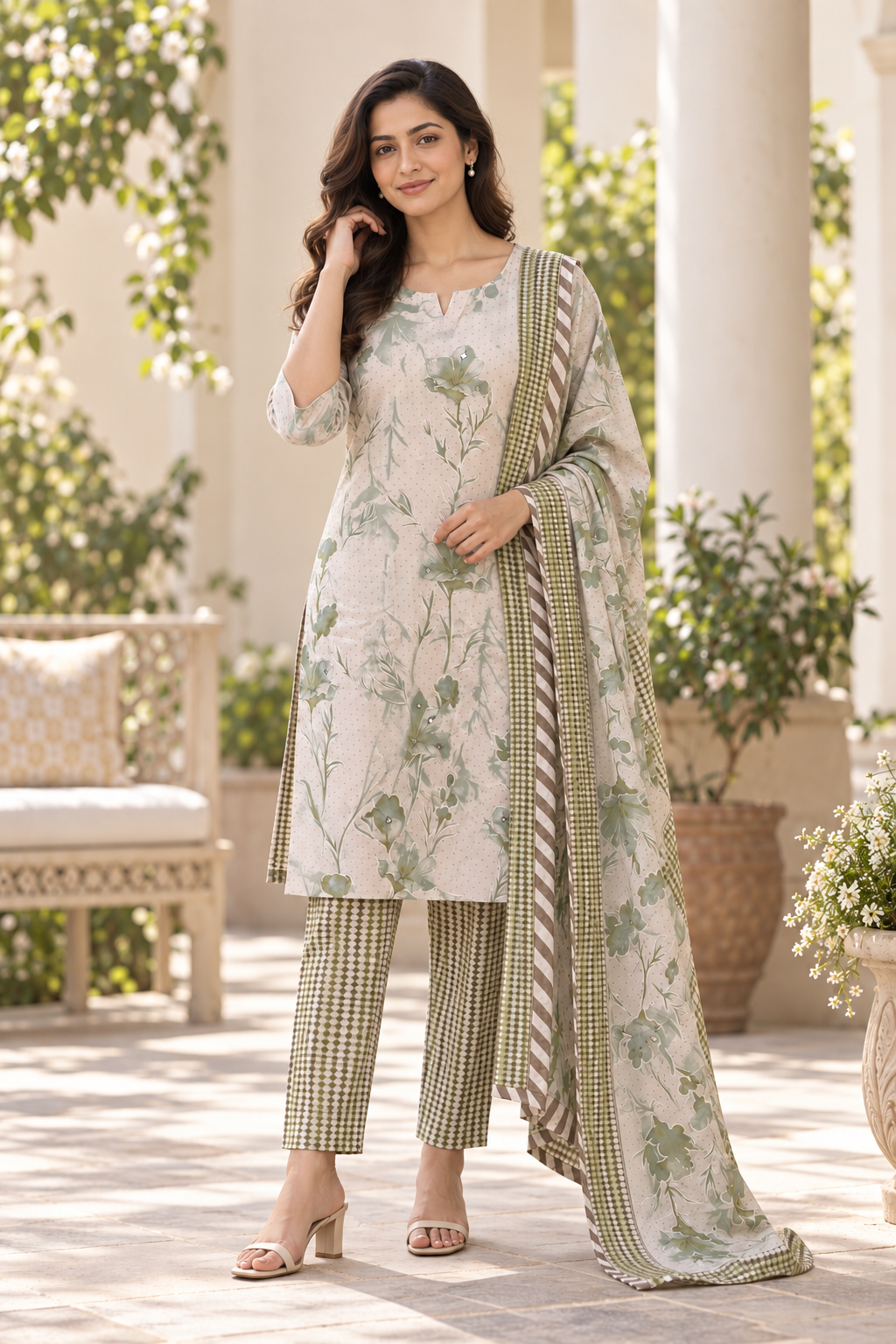 Olive green kurta suit set with mirror work