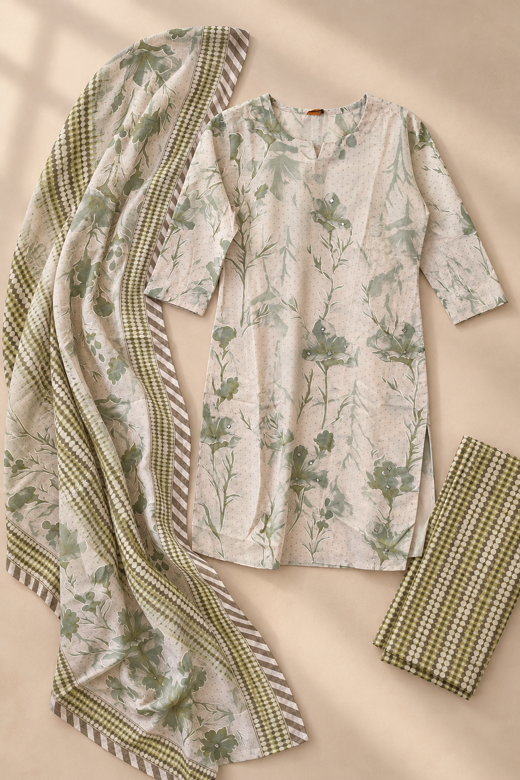 Olive green kurta suit set with mirror work