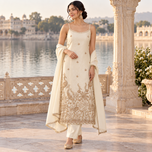 cream kurta suit set with cutdana work