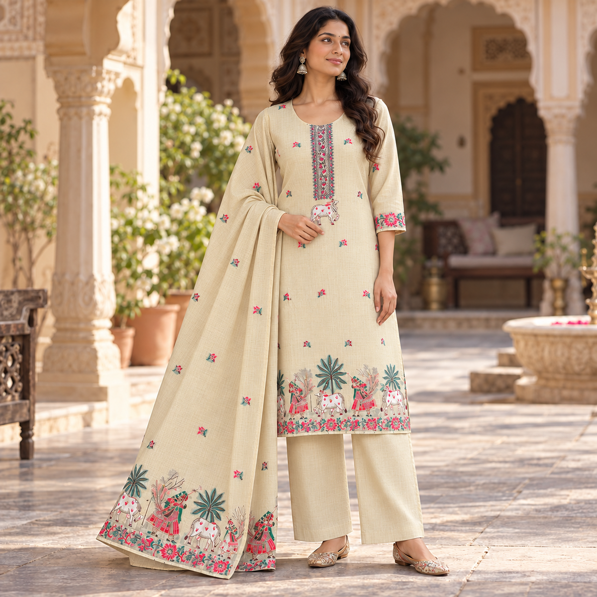 Beige kurta suit set with cow print