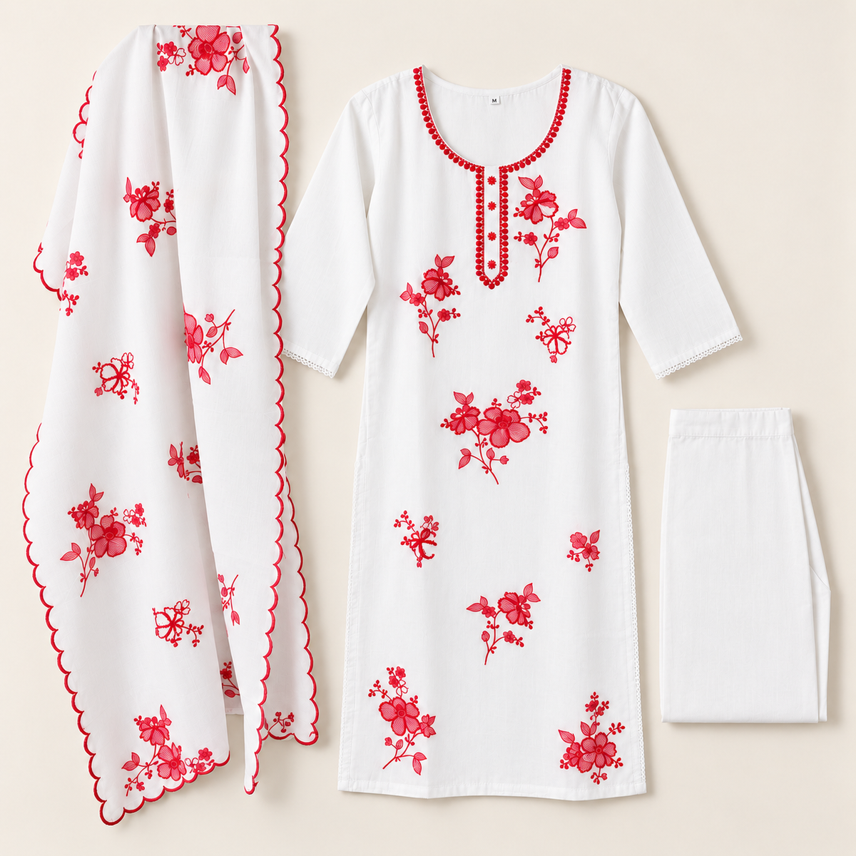 White kurta suit set with red thread work