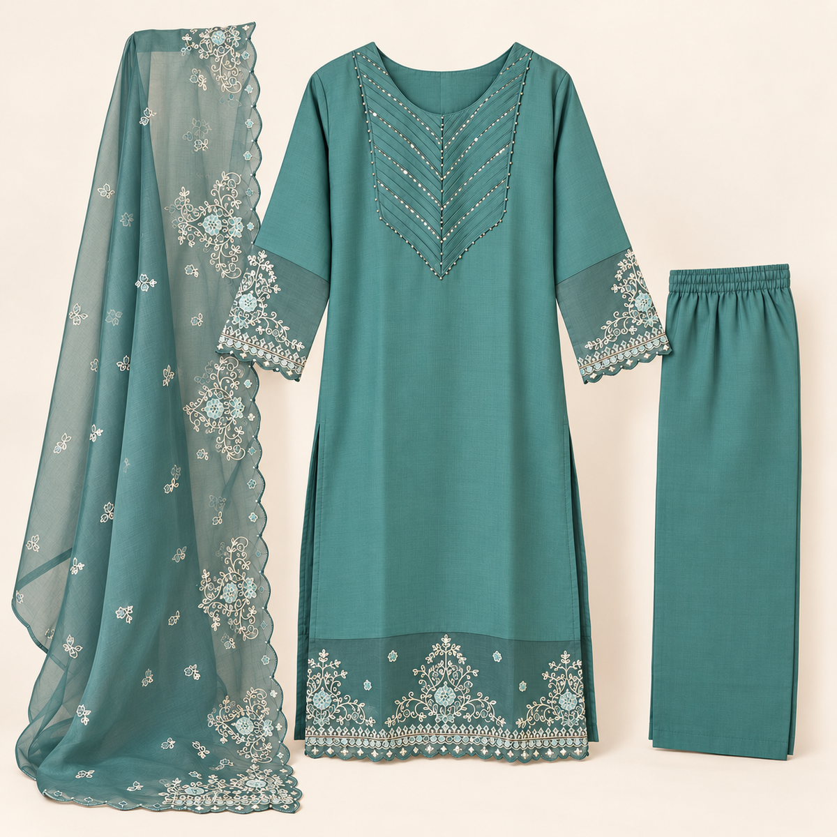 Green roman silk kurta suit set