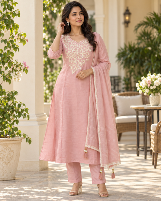 A line pink kurta suit set with cut dana work