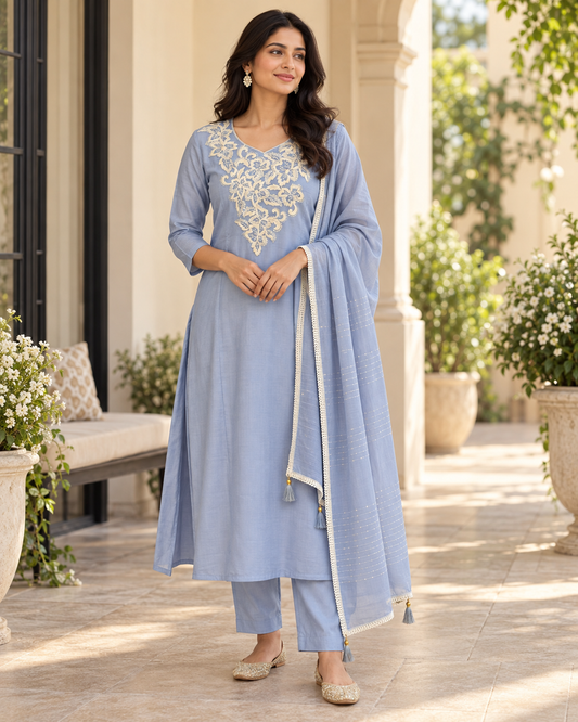 A line blue kurta suit set with cut dana work