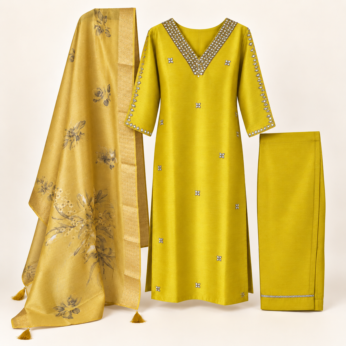 Yellow/mirror work pure tissue shimmer kurta suit set