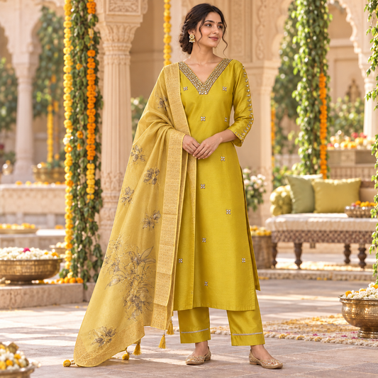 Yellow/mirror work pure tissue shimmer kurta suit set