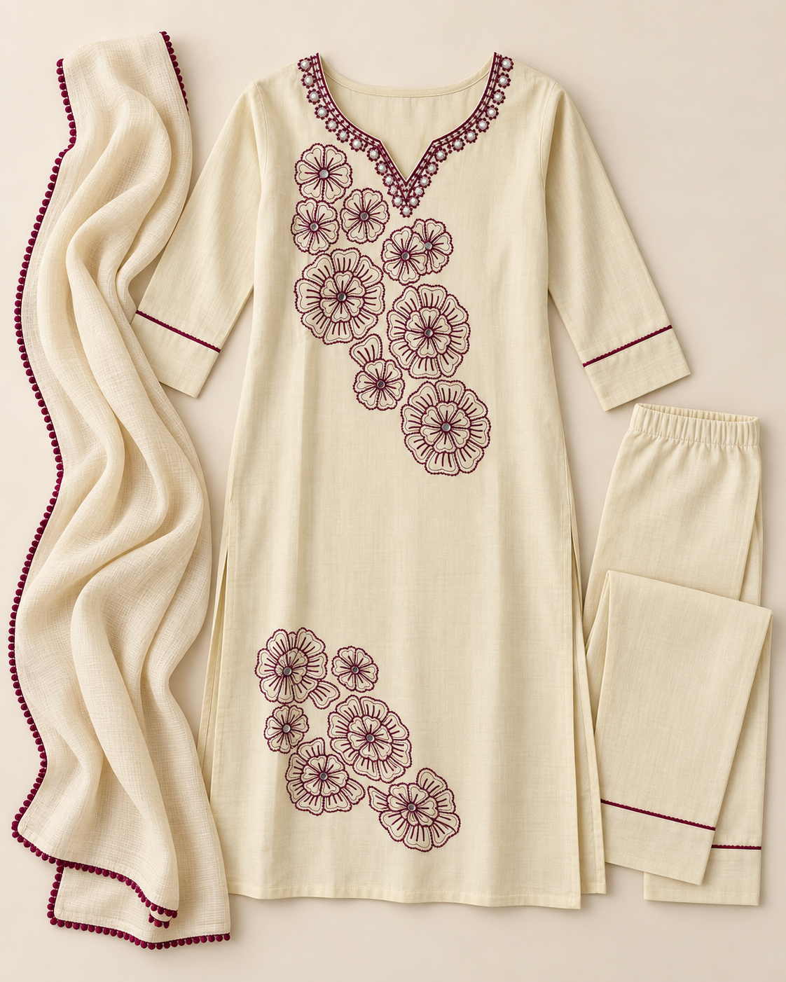 Beige kurta suit set with maroon thread work