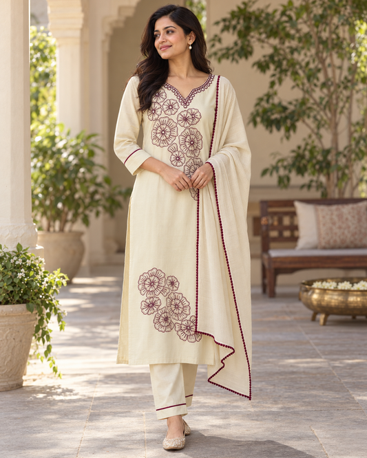 Beige kurta suit set with maroon thread work