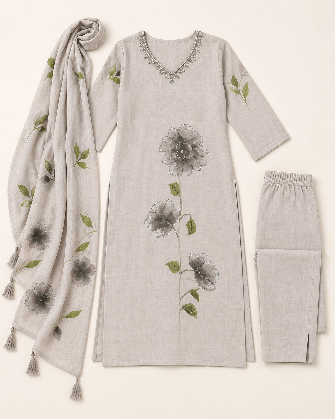 Grey kurta suit set with cut dana work