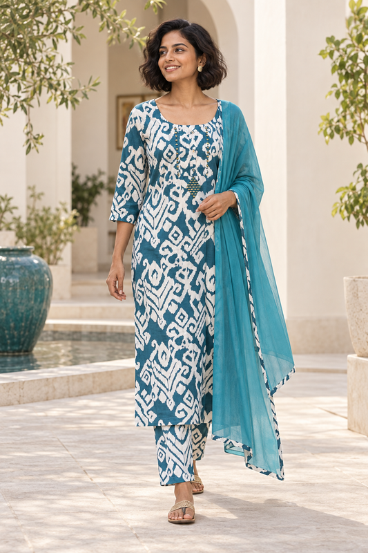 Blue kurta suit set with mirror work