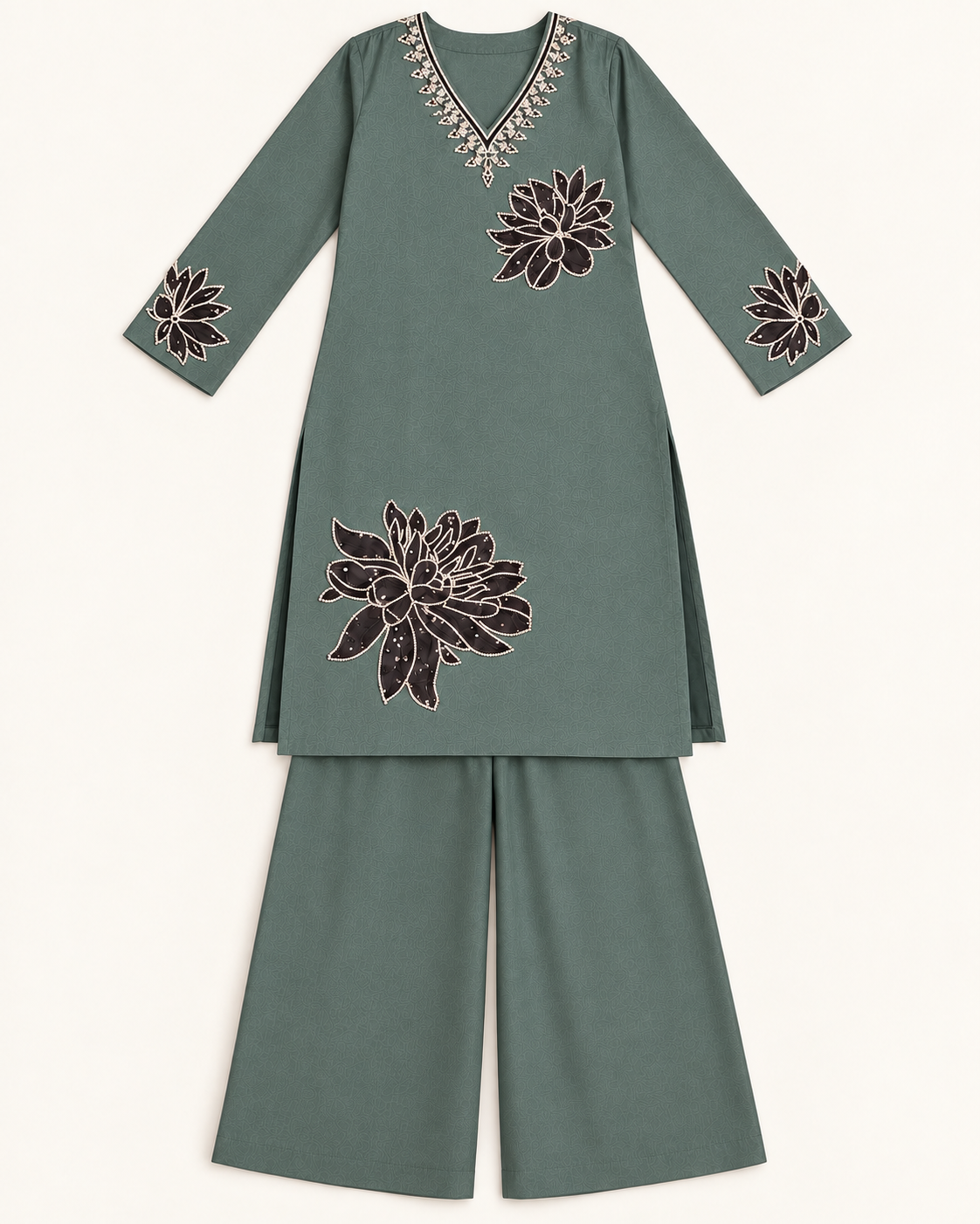 Green fandi silk coord set with pearl work