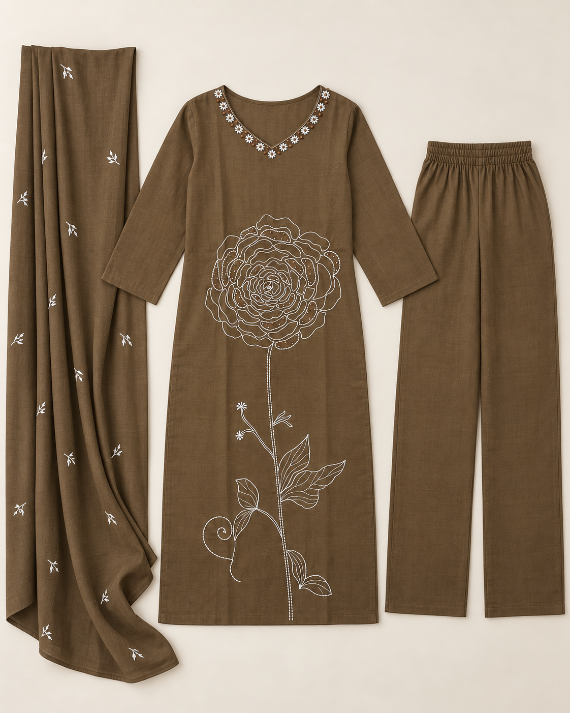 Brown kurta suit set with pearl and thread work