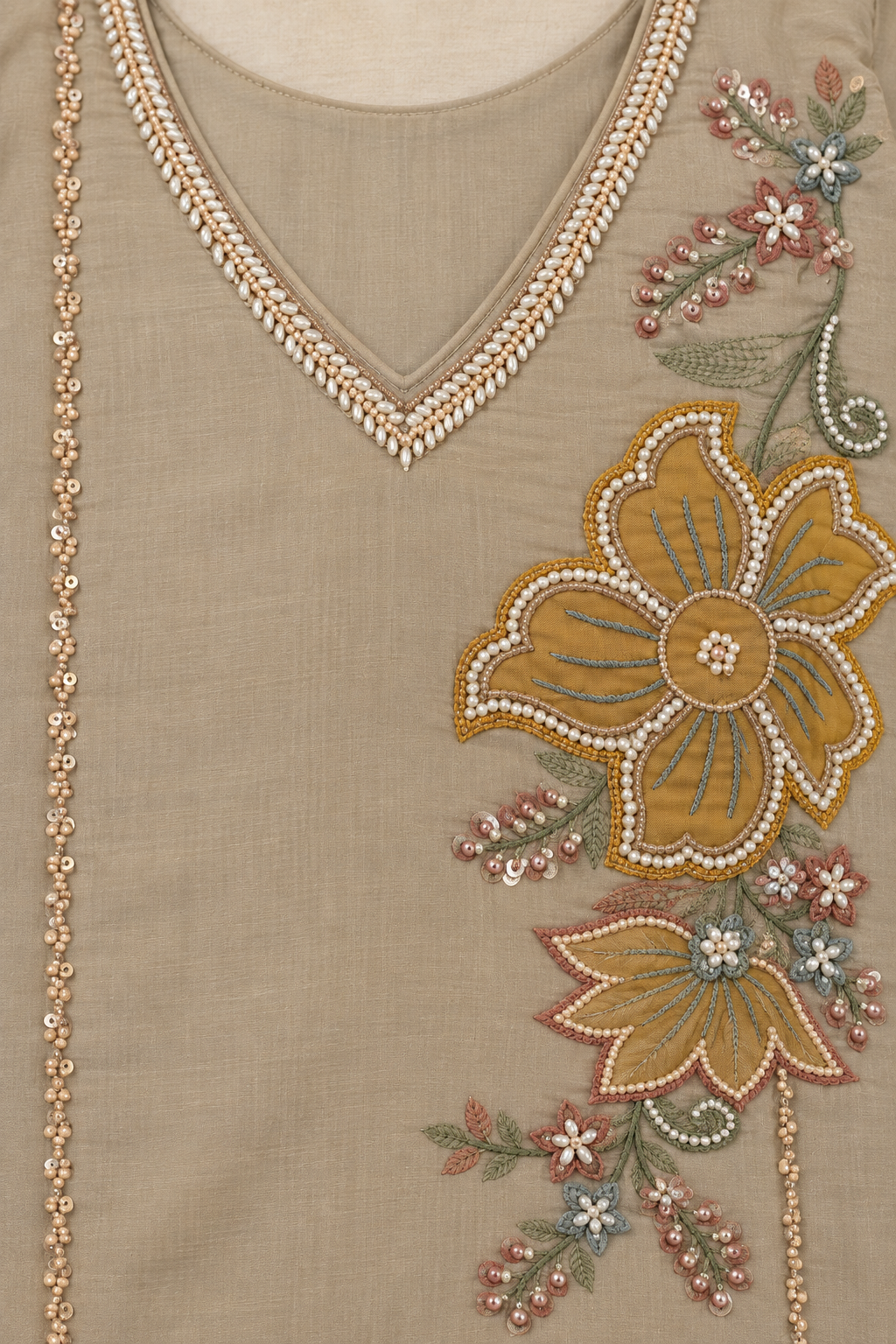 Beige kurta suit set with pearl work