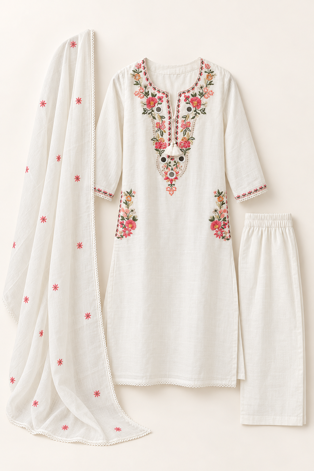 White thread and mirror work kurta suit set