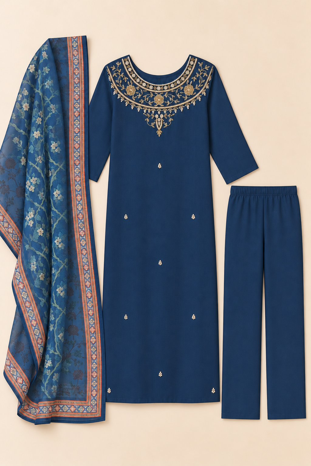 Blue roman silk kurta suit set with cut dana work