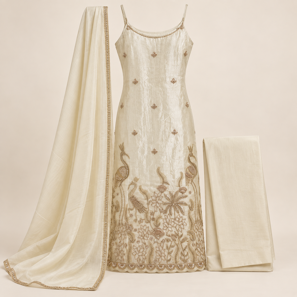 cream kurta suit set with cutdana work