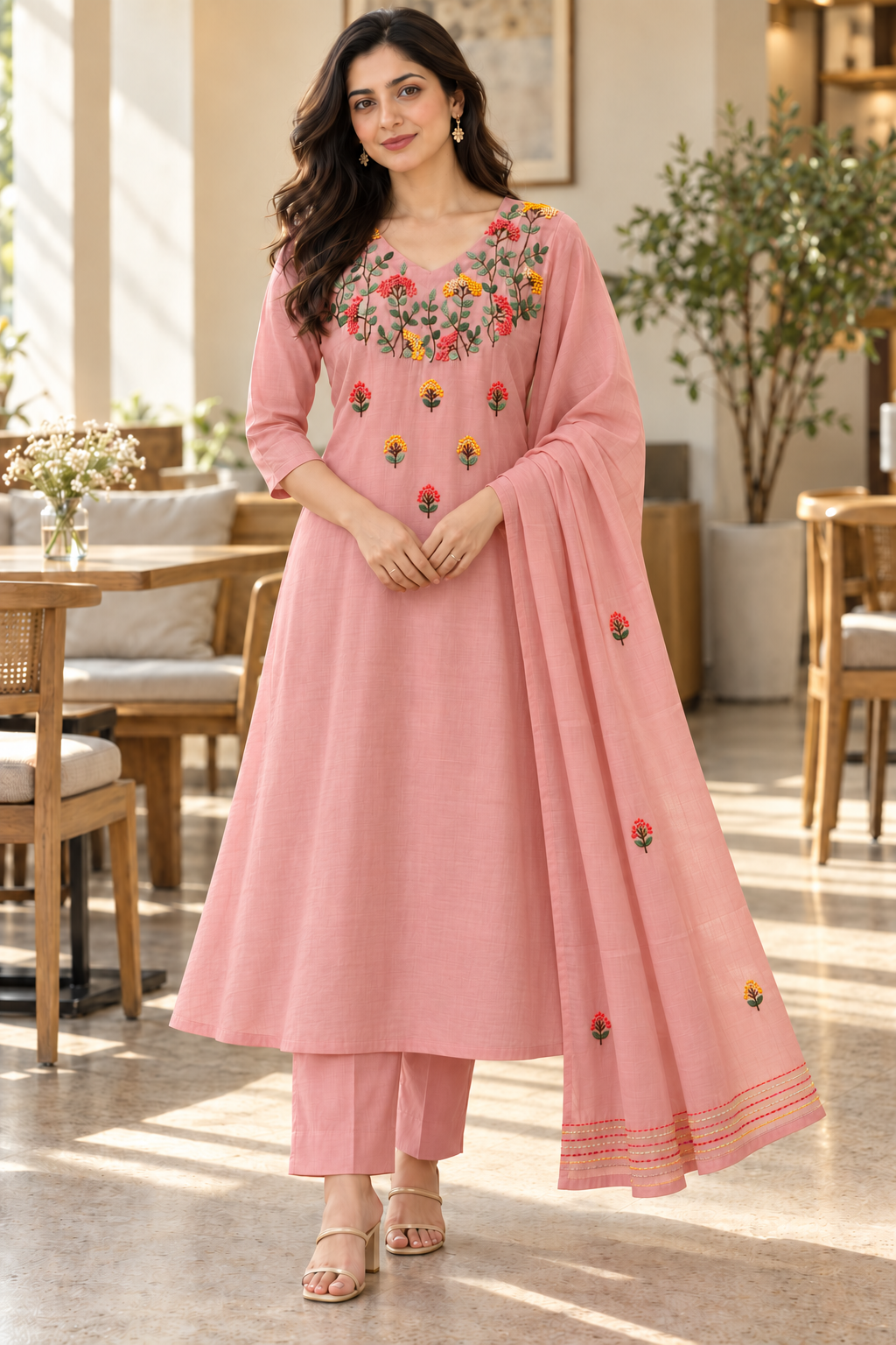 Dusty Rose Floral A-Line Kurta Set