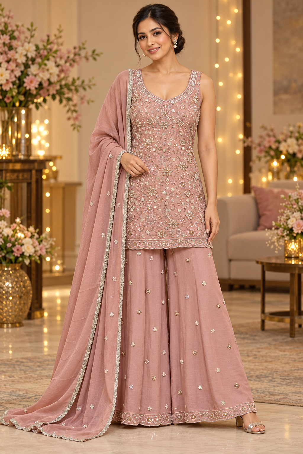Dusty Rose Embellished Sharara Set – Elivora Edit