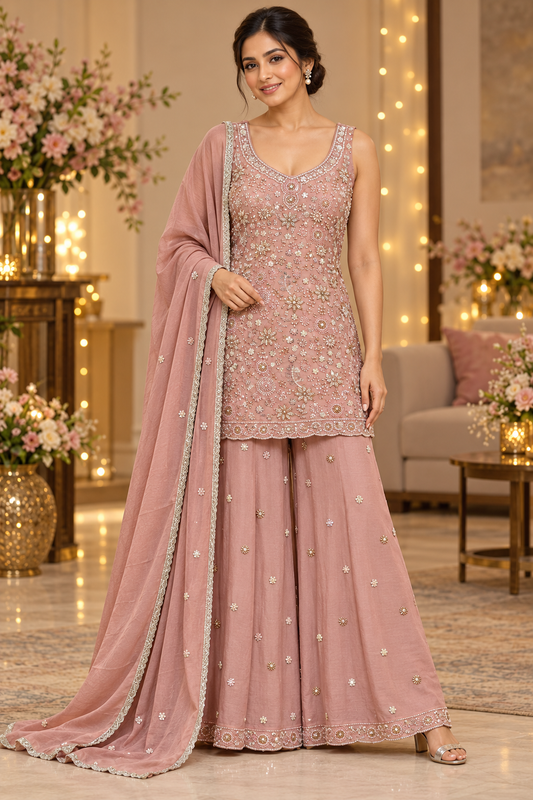Dusty Rose Embellished Sharara Set
