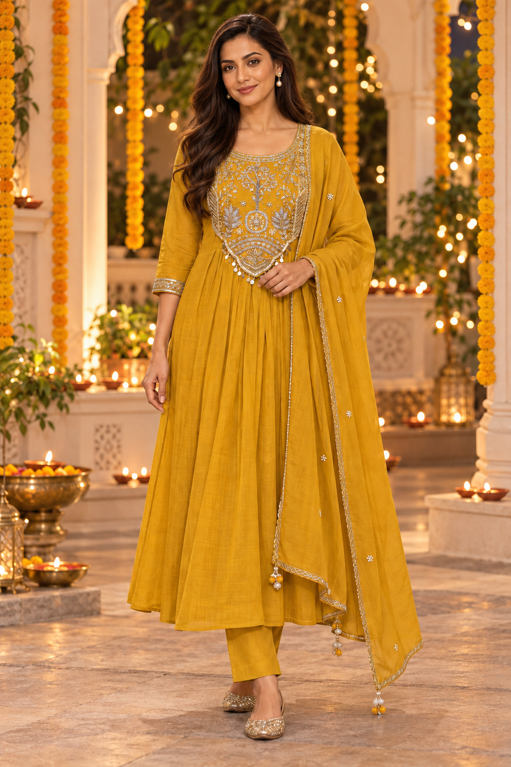 Mustard Bloom Embellished Kurta Set