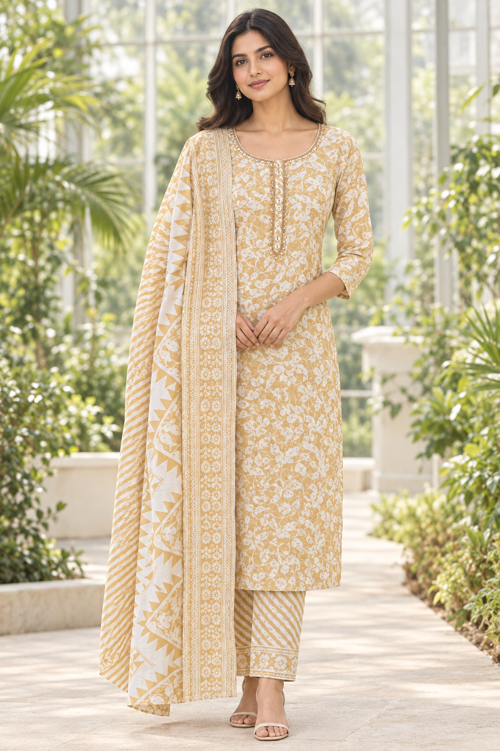 Yellow cotton kurta suit set