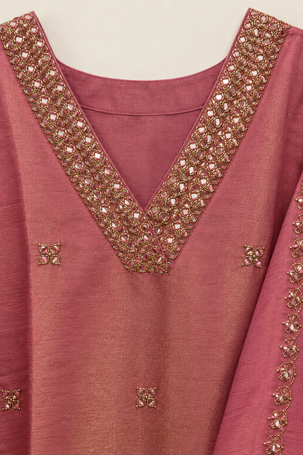 Pink pure tissue shimmer kurta suit set with kolkata handwork