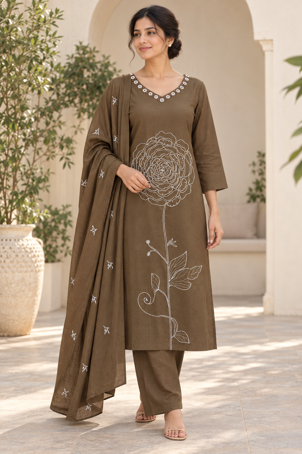 Brown kurta suit set with pearl and thread work