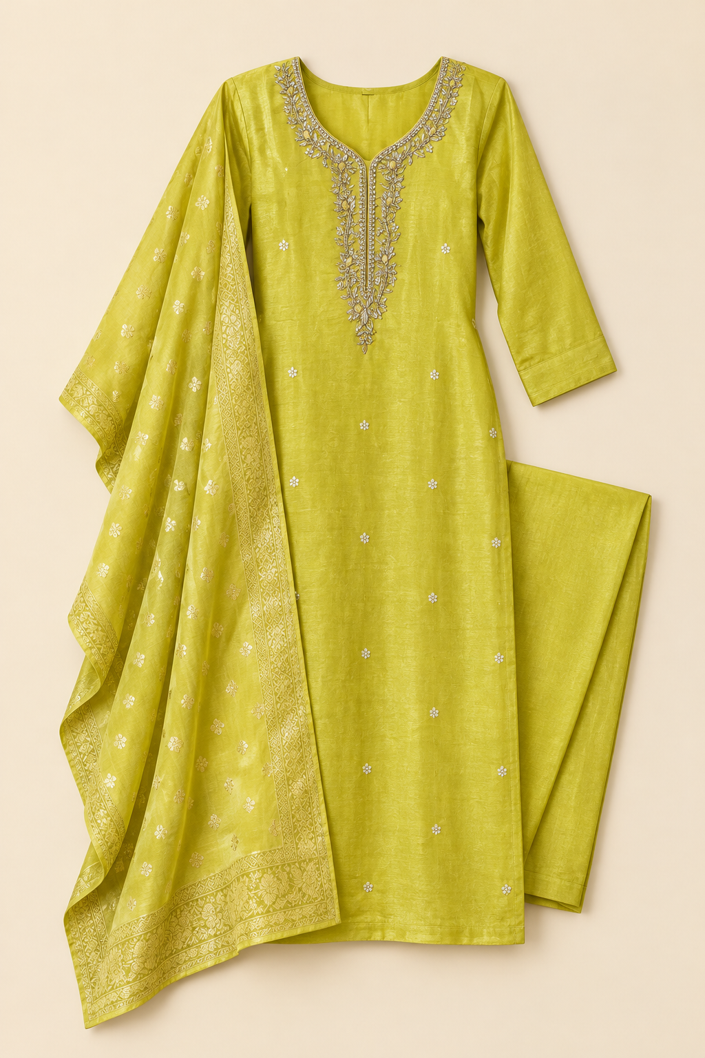 Lime-yellow kurta suit in a premium overlapping catalog arrangement