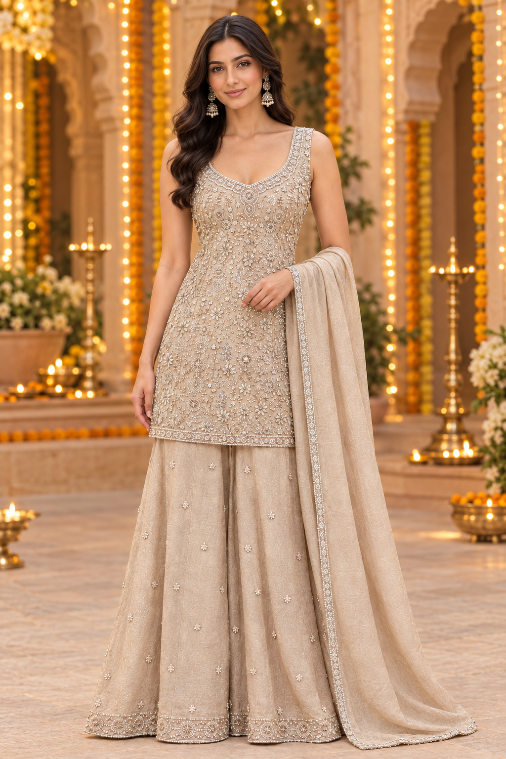 Model in a festive Indian wedding courtyard