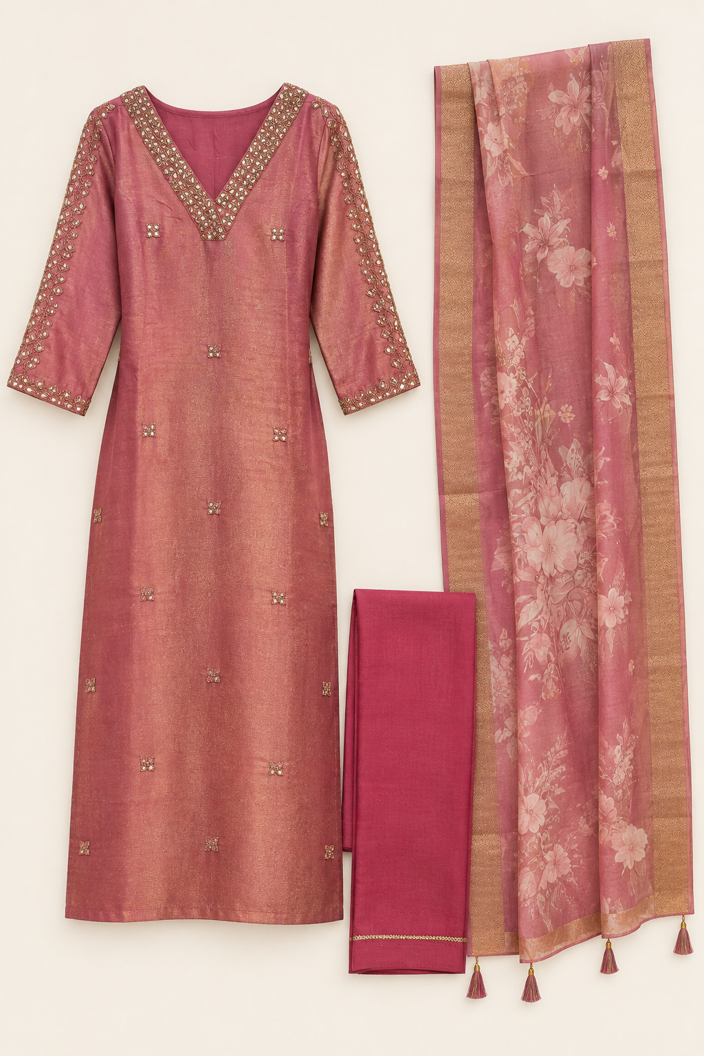 Pink pure tissue shimmer kurta suit set with kolkata handwork