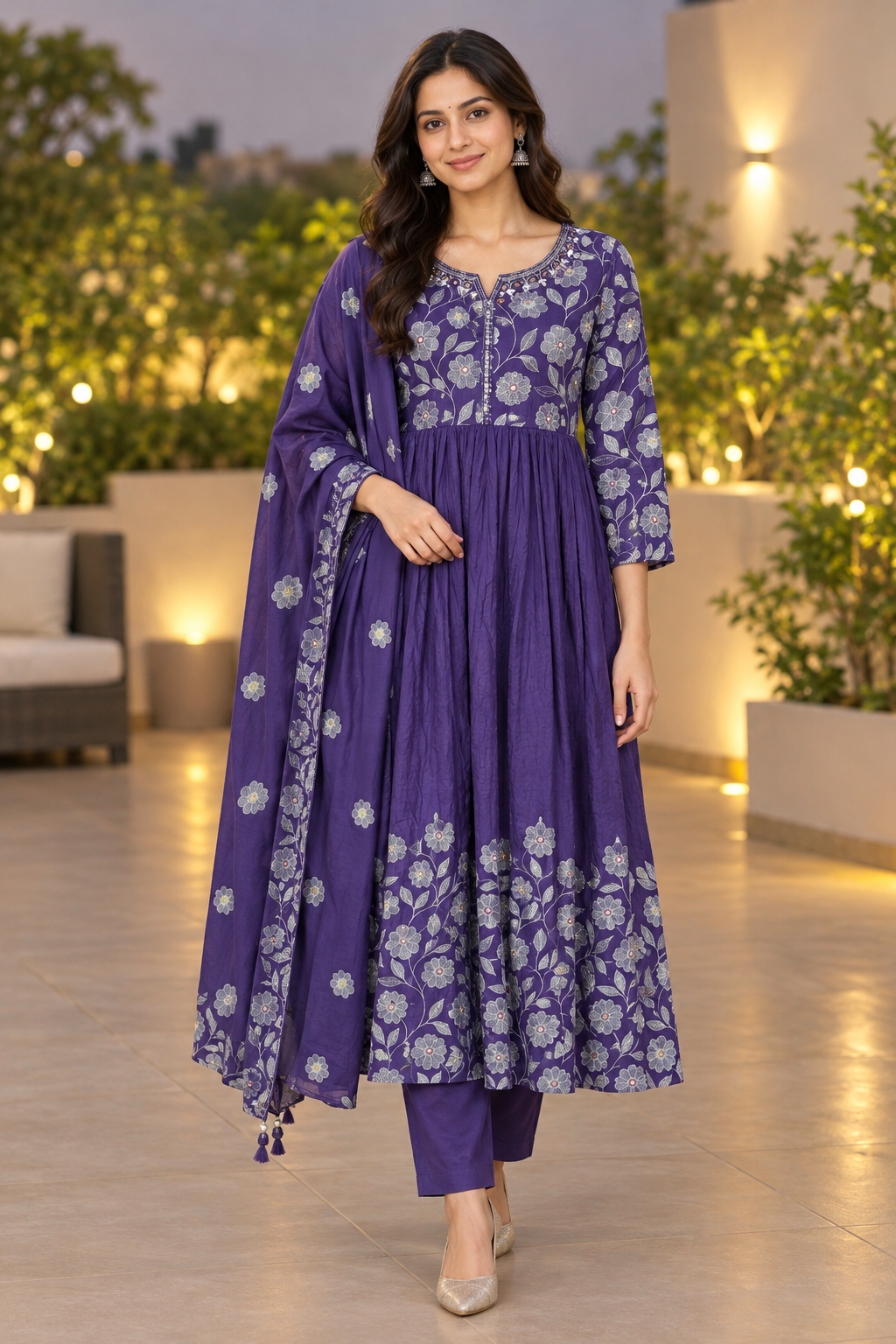Purple Floral Embroidered Anarkali Set