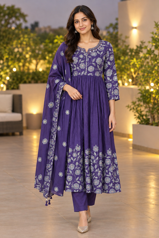 Purple Floral Embroidered Anarkali Set